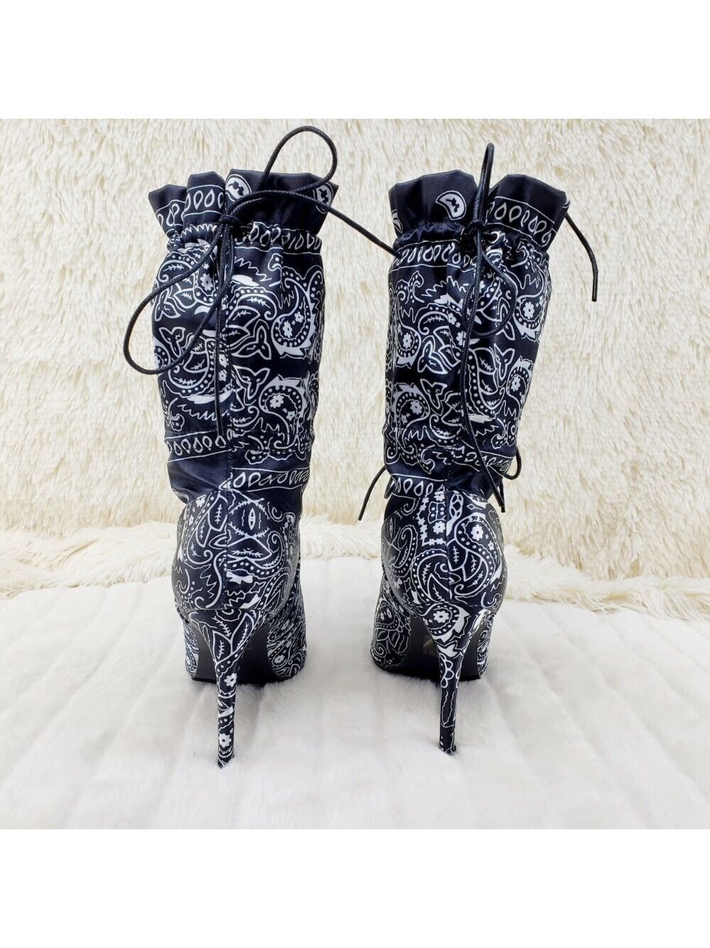 NIB Bandanna Madness Drawstring 4" Stiletto High Heel Mid Calf Boots Black - Picture 4 of 11
